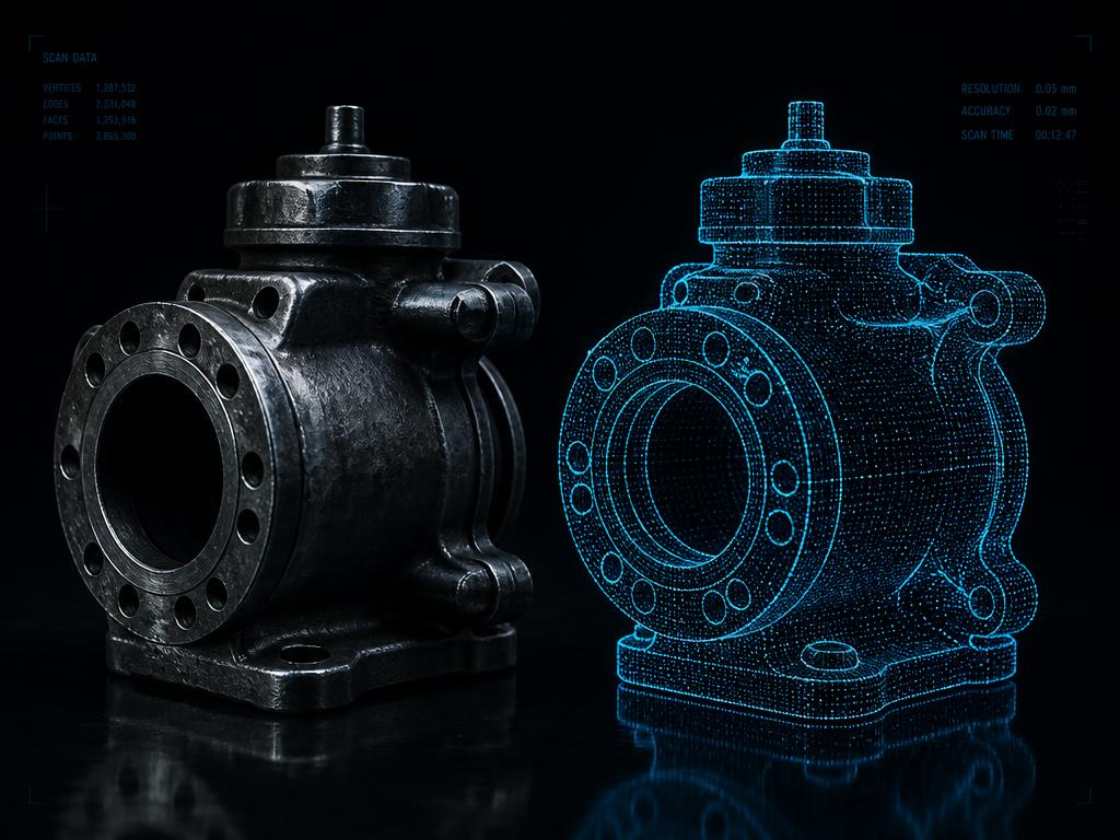 A metal valve body next to its glowing blue 3D scan wireframe